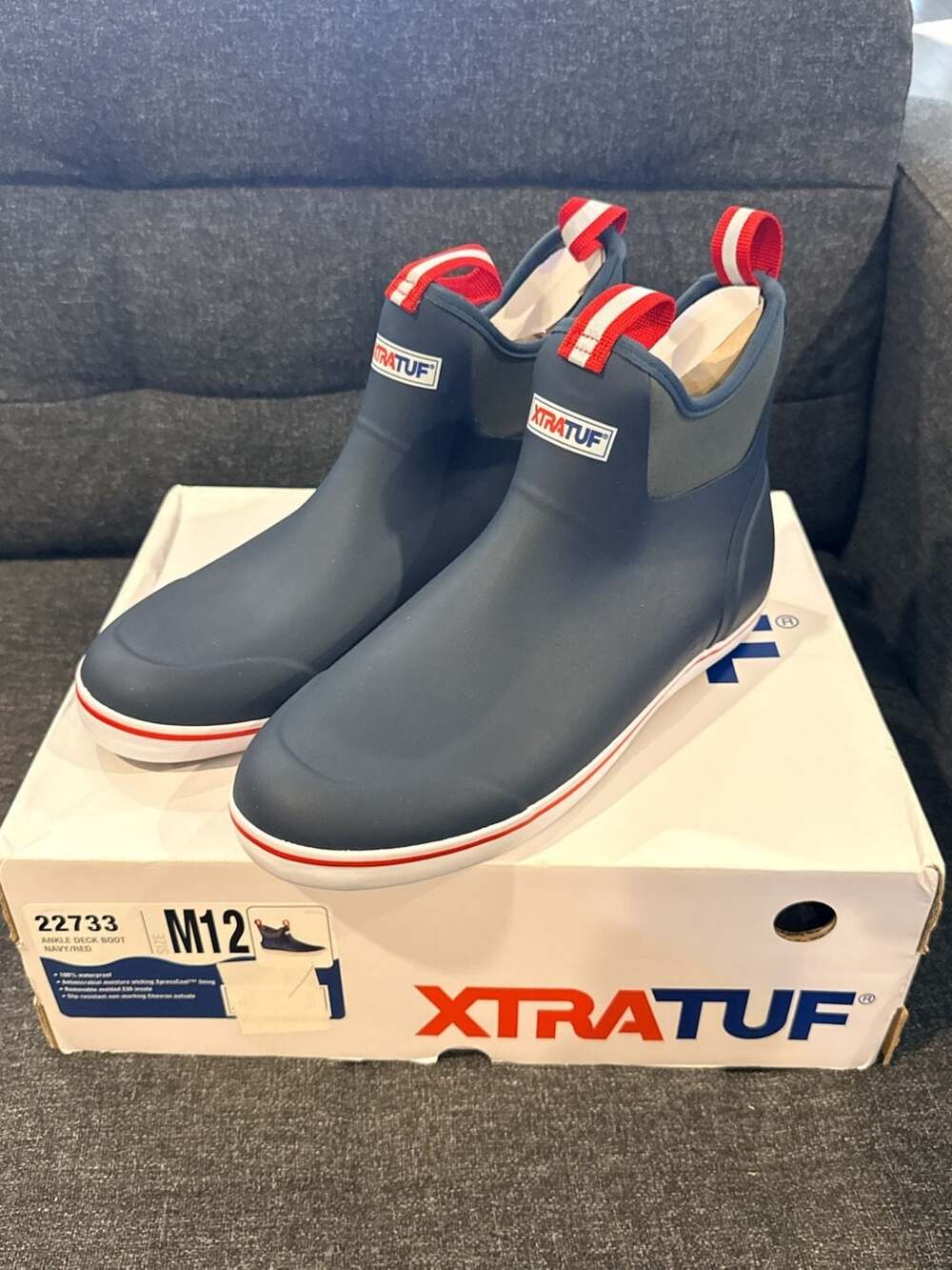 12M - XTRATUF Men's Ankle Deck Boot in Navy/Red, Style 22733